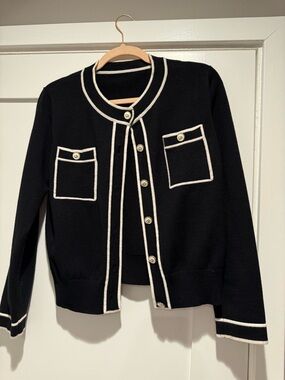 CC Number 5 Black Cardigan with White Trim 5 Buttons
